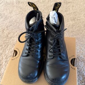 Dr. Martens Black Leather Lace-Up Boots with Yellow Heel Loop